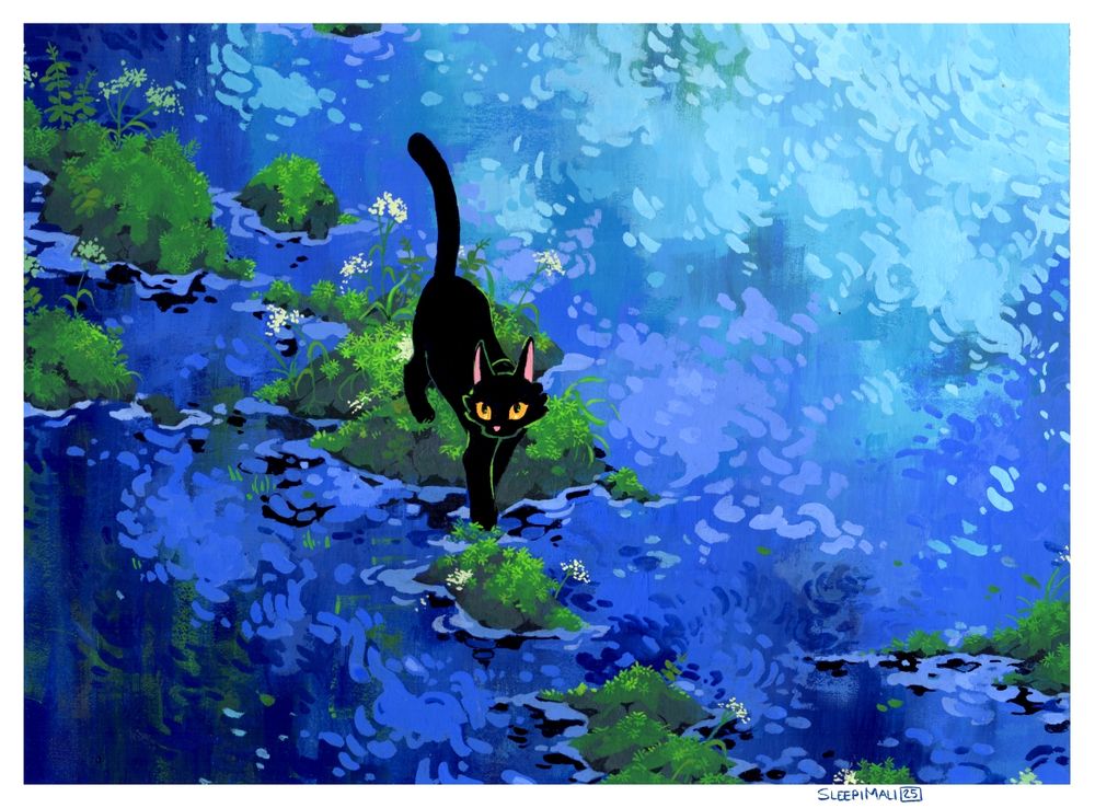 Acrylic gouache painting of a black cat crossing calm blue waters using some overgrown rocks