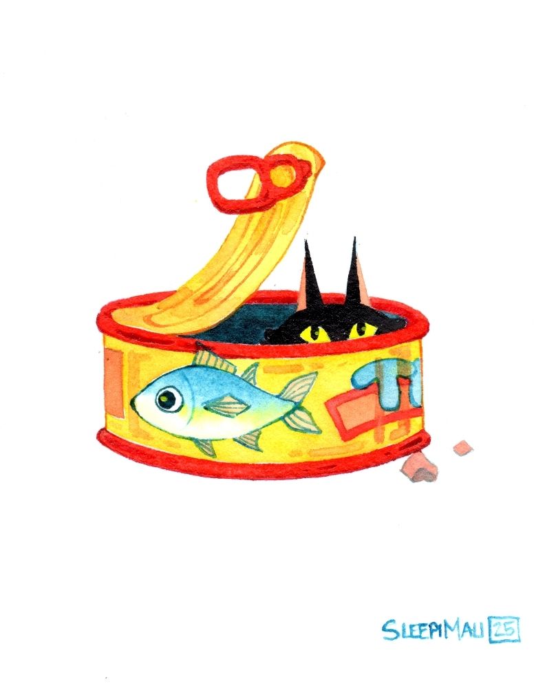 Watercolour painting of a black cat with yellow eyes lurking in an empty tuna tin with its lid still attached. The tin is yellow with red edges and details, and there's a bright blue tuna pictured on it. A couple of crumbs of tuna lay beside the tin