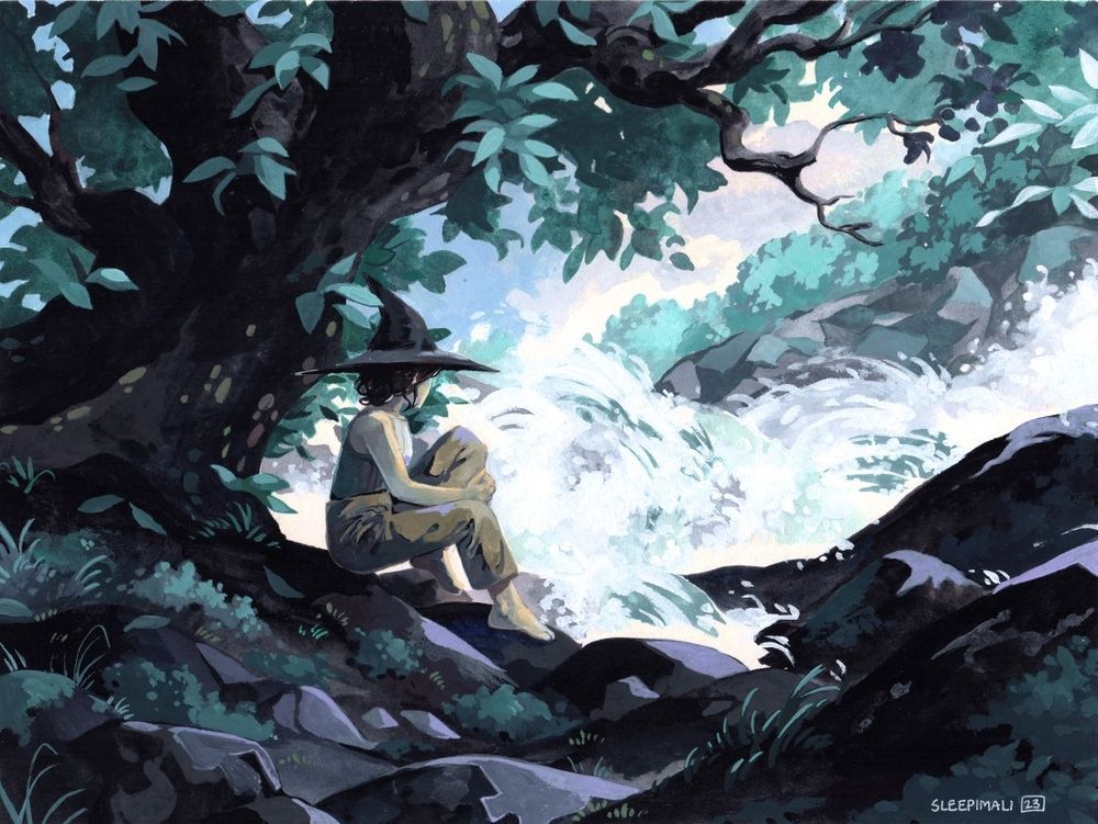 Gouache painting of a person in a sleeveless top, brown trousers, and a witch hat sitting under a thick tree with turquoise leaves by a river. They're watching and listening to the rapids splashing by in full force