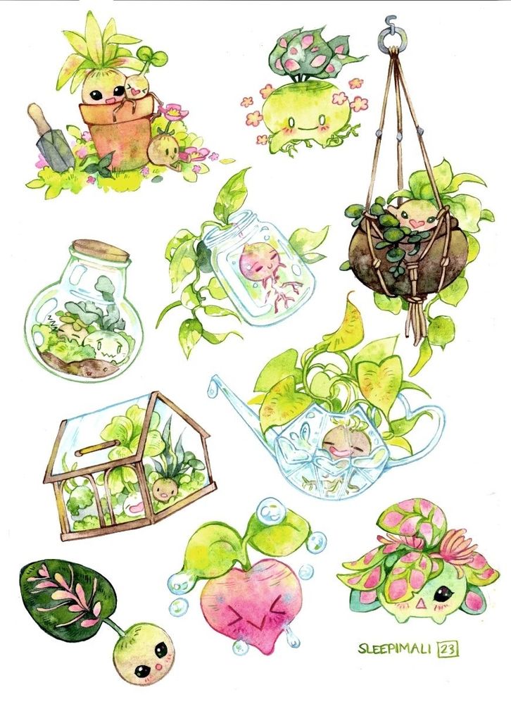 Watercolour painting of a bunch of cute little plant friends, some of which are in a pot, jar, terrarium or watering can