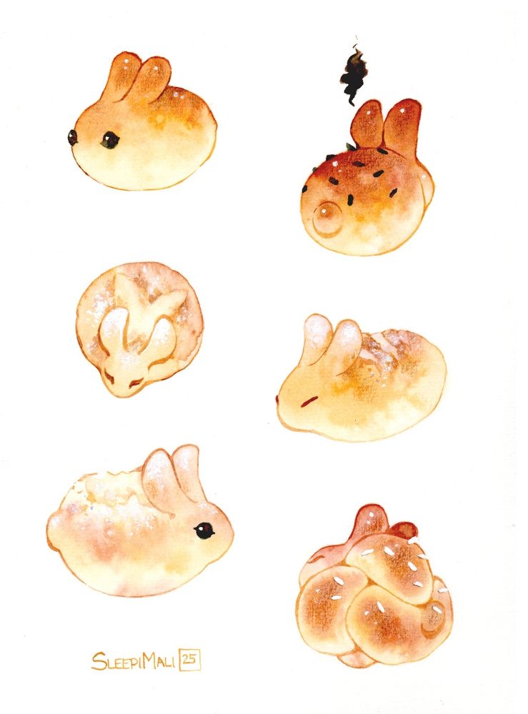 Watercolour painting of six different types of bread buns shaped like bunnies on a plain white background 