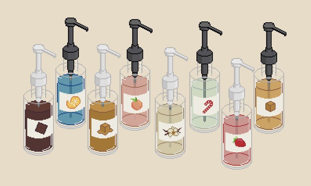 8 pixel sprites of various flavoured syrups