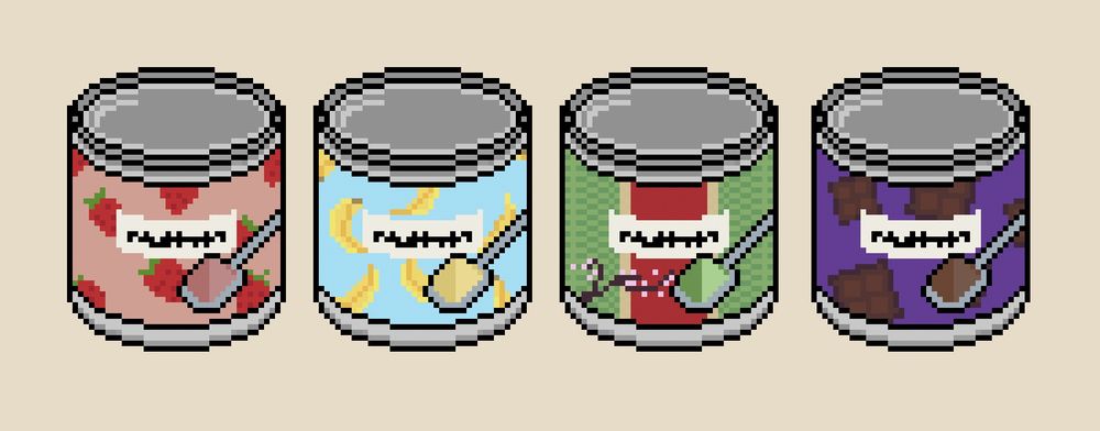 A selection of four metal powder tins of various flavours are displayed, namely, strawberry, banana, matcha and cocoa.