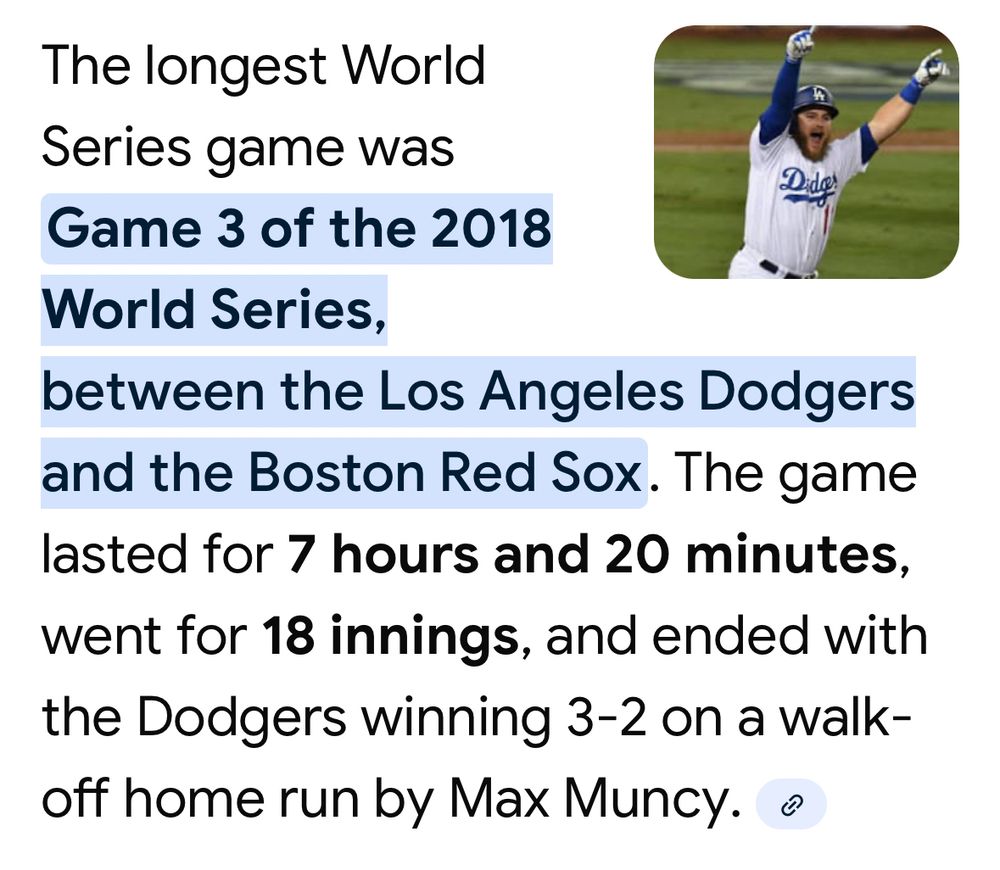 Dodgers also were part of the longest World Series game, against the Boston Red Sox in 2018.