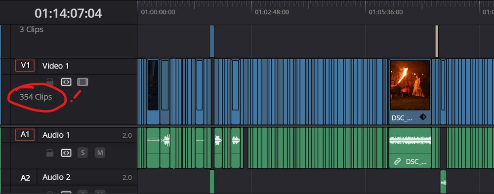 A screenshot of the timeline portion of a video editor, showing a timeline crammed with video clips. A hand-drawn red circle with an exclamation mark next to it highlights a label saying '354 clips'. Only one of the clips is long enough in this zoomed-out view to show a frame preview - this one shows the bright orange flame of a fire sword, and a figure dressed in a white dress.