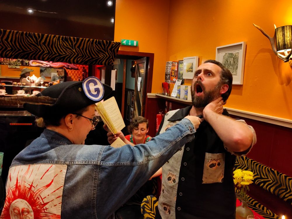 A fatal stabbing!! Followed by a gory death!! Followed by the revelation, in-story, that it was a stage dagger with collapsible blade.