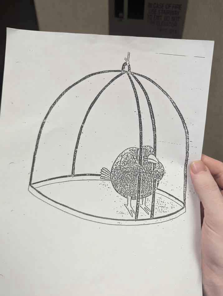 Mynd af teiknaðri mynd af fugli í búri. Fuglinn heldur skelfingu lostinn um tvo rimla en það er nóg pláss fyrir hann að komast út á milli allra hinna rimlanna.