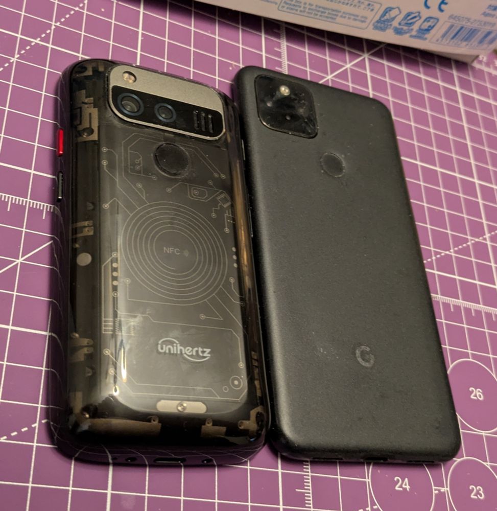 Unihertz Jelly Max next to Pixel 5. Pixel 5 is too tall