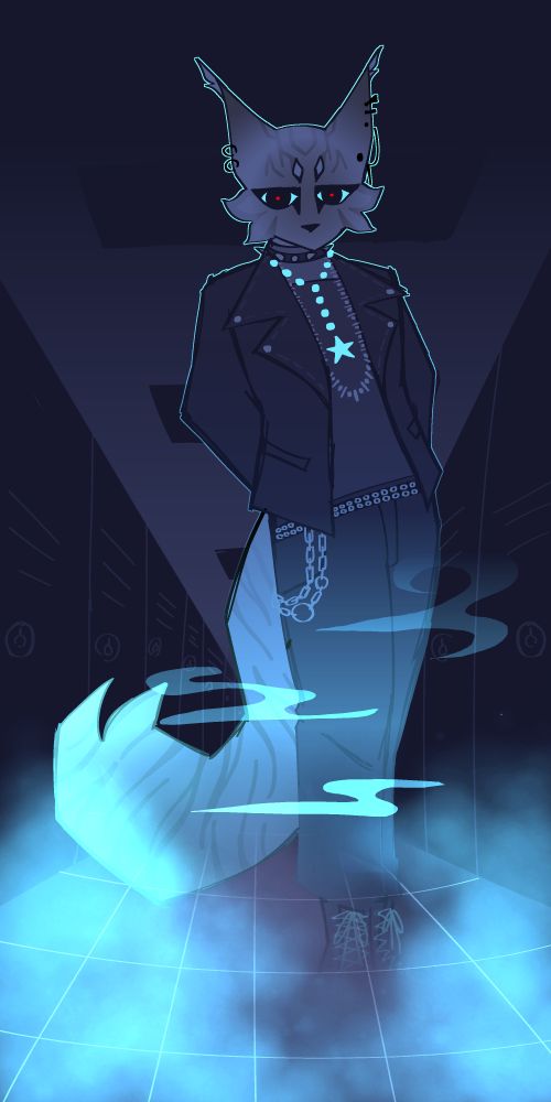 digital art of an anthro goth ghost cat. it is standing in a long school hallway looking blankly at the viewer. its body fades out towards the floor and it is surrounded by glowing blue fog that matches its eyes and rosary.