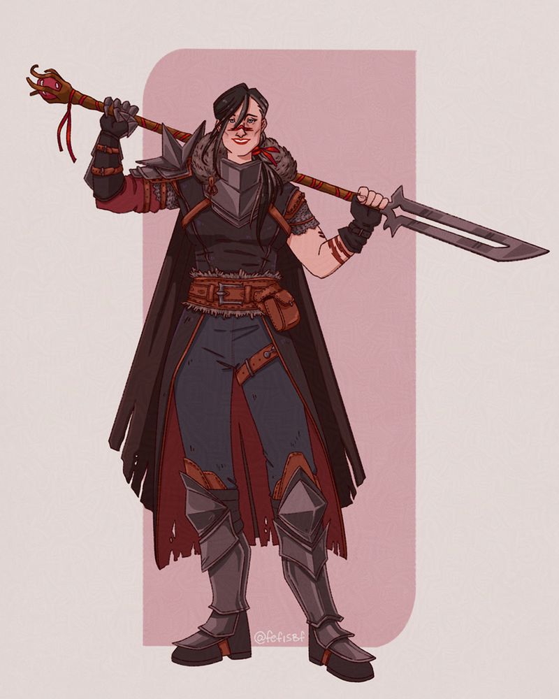 Marian Hawke standing in a firm stance while holding a sta- SPEAR! with her two hands and her shoulders. She has a longer, grayer hair, tied in a red bow.