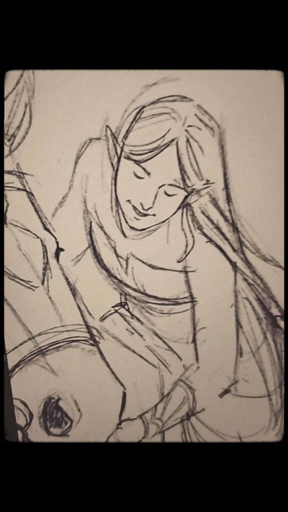 A cropped sketch of Zelda in her white dress, riding her mare and feeding her a treat 
