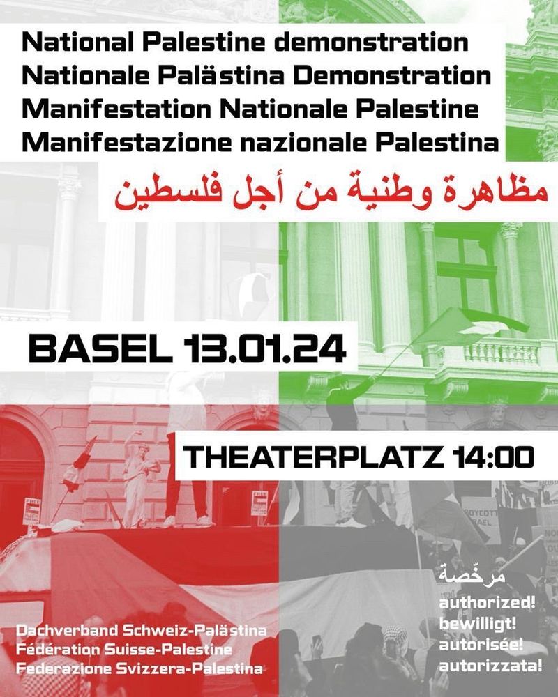 Affiche de la manifestation en soutien à la Palestine Bâle 14h