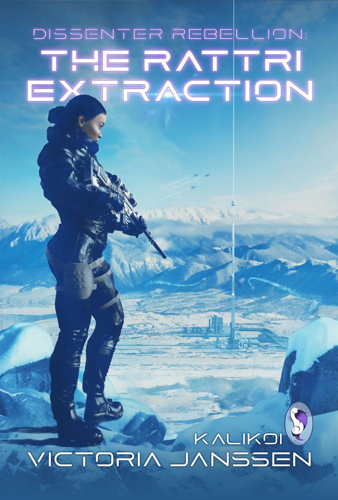 Cover features a black woman in winter gear holding a futuristic rifle, pointed at the ground; she's looking down at a snowy landscape featuring mountains, distant spaceships, and an orbital elevator.