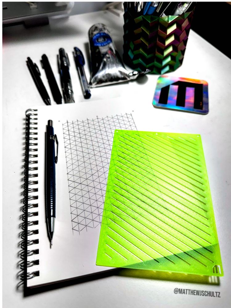 My latest 3D-printed drawing stencil: Quick Isometric Grid!

Draw the registration circles and iso lines on one side, flip it, line up the circles, draw lines again, and then use a side as a straight-edge to complete the grid.

Available on https://drawingstencils.art by the end of June.

Stay tuned!