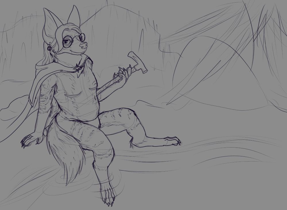 A digital sketch of a trans masculine anthropomorphic aardwolf in a suggestive pose with a natural background. He gives bedroom eyes at the viewer and is naked except for a cloak which lays behind him. 