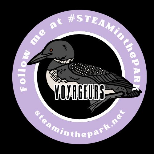 A circular logo with a stylized loon in the middle. The script reads "Follow me at #STEAMinthePARK steaminthepark.net"