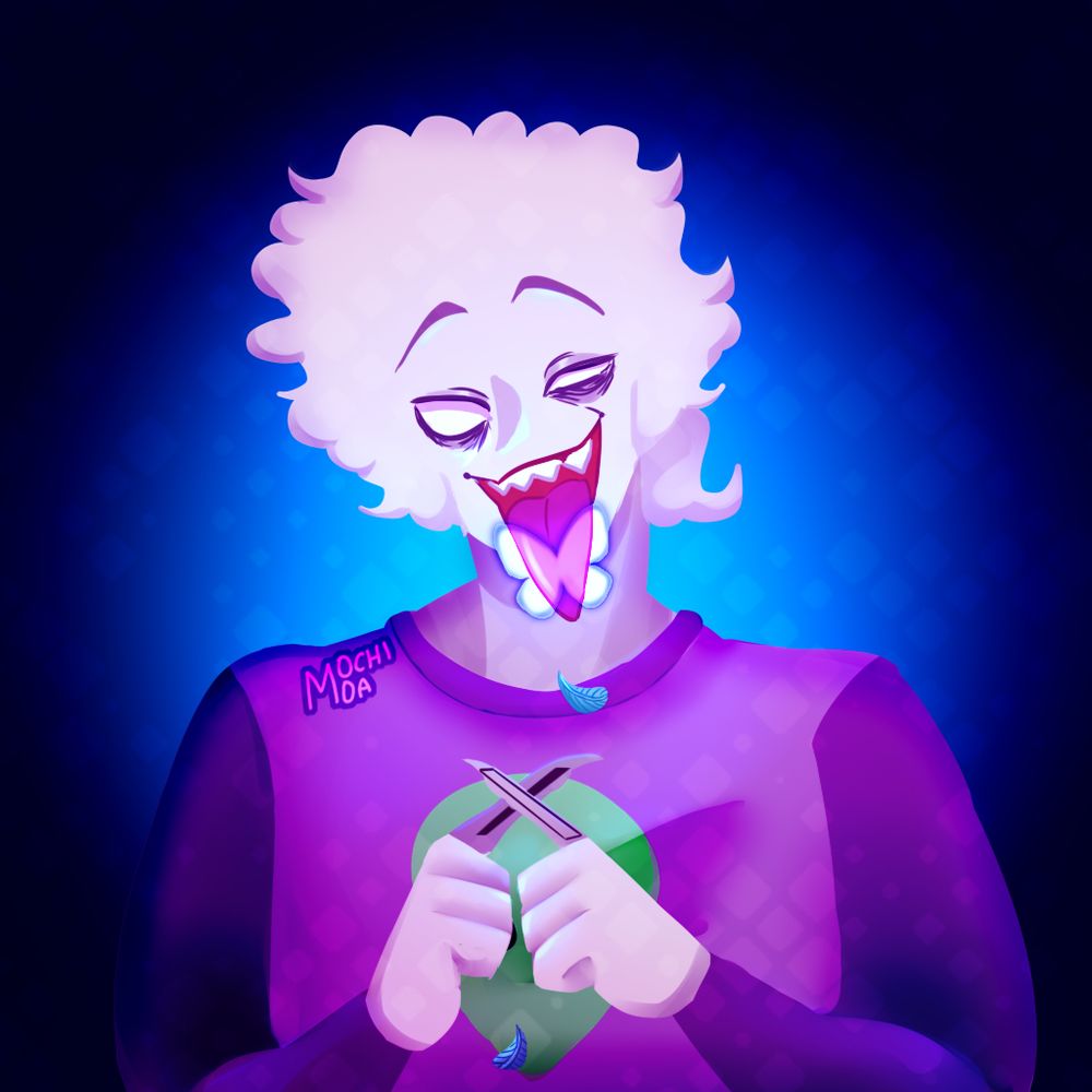 A cartoon character with paper white skin, purple shirt with a green alien stamped on it crosses his fingers in the "X" symbol over his chest and sticks his tongue out. On its tongue lies a butterfly, the Bluesky logo, with blue feathers falling from it. It poses on top of a dark blue background.