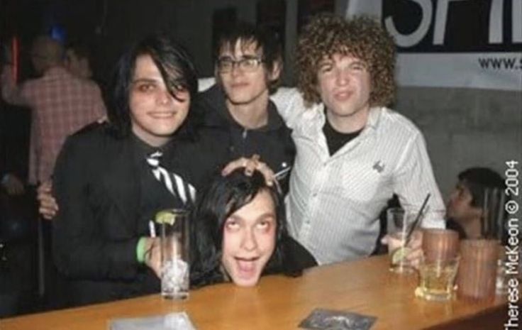 Photo of Gerard Way, Mikey way and (possibly) Ray Toro from My Chemical Romance (MCR) with Bert McCracken from The Used