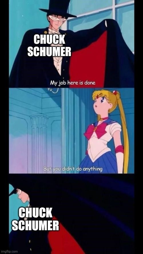 "My job here is done"

"But you didn't do anything"

Sailor moon meme where the guy who didnt do anything is labeled Chuck Schumer