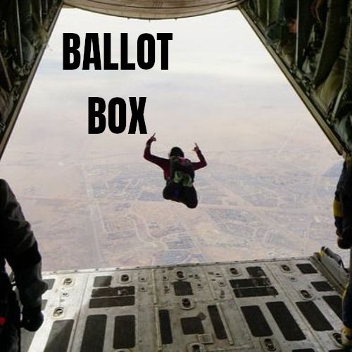 it's an image of an open plane with people jumping out to skydive labeled "ballot box"