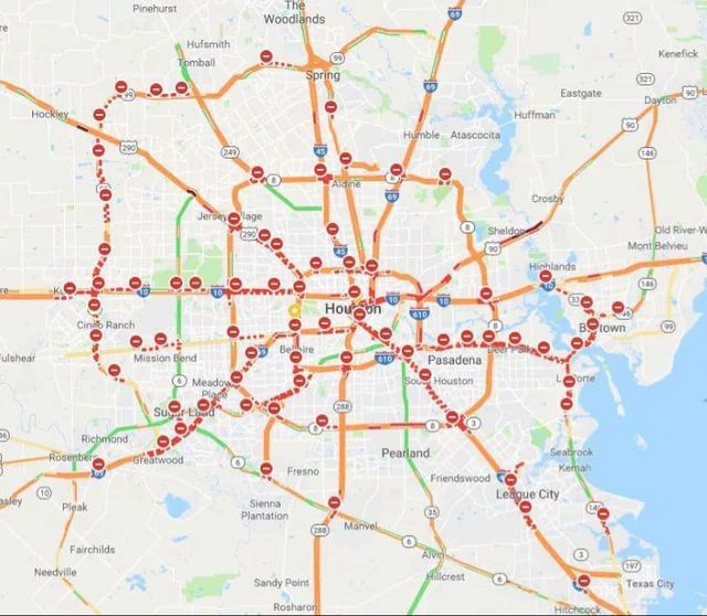 Map of Houston, TX showing traffic backups virtually everywhere in the whole city