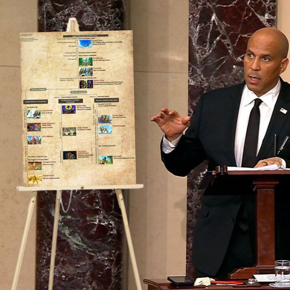 Cory Booker on the Senate Floor speaking with an easel with the zelda timelines on it
