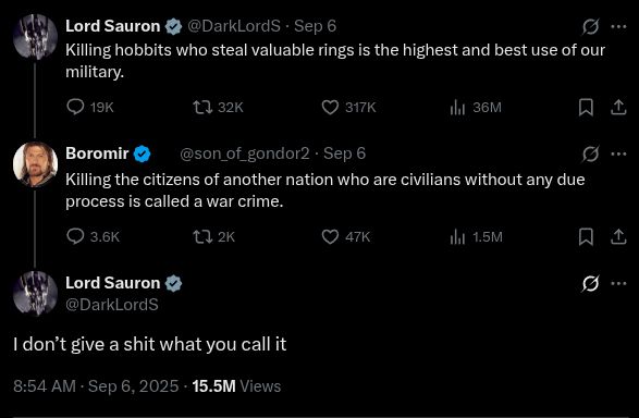 tweet exchange between Lord Sauron and Boromir: Lord Sauron: 