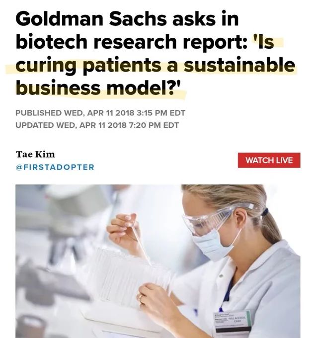 headline: Goldman Sachs asks in biotech research report: 'Is curing patients a sustainable business model?'