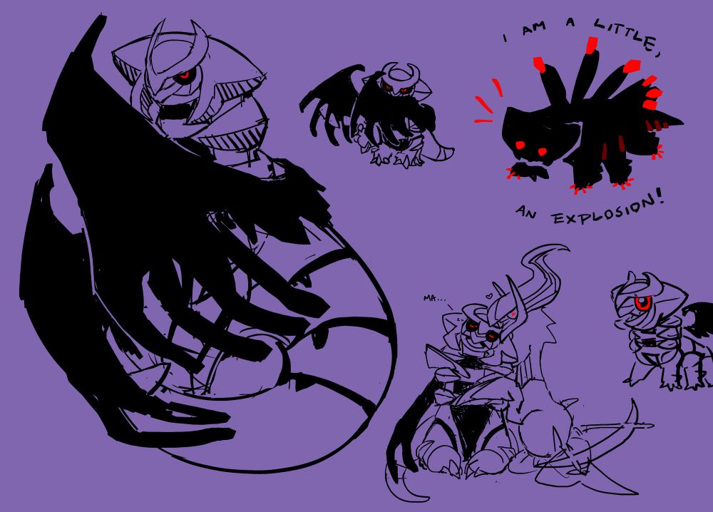 sketchpage of the pokemon giratina. there is a large fullbody of it curled up from behind+covering itself with its wings, and a small doodle of it covering its lower face with a wing dracula style. there is a doodle of baby giratina with the lyrics "i am a little, an explosion!" written above and below it. theres a small chibi-esque sketch of giratina looking very distressed, and a sketch of arceus hugging giratina around the neck, while giratina looks embarrased