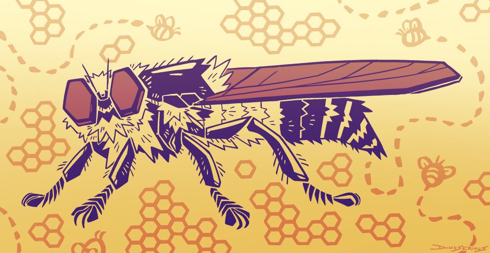 thick lineart drawing of a bee-killer robber fly from the side, head angled to look towards the viewer. there is a pattern of simple bees and honeycomb on the yellow background