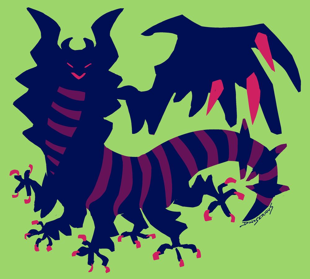 color block sketch of a shadowy giratina with skinny legs. it is floating with its legs splayed underneath it. its eyes are closed and its mouth is open