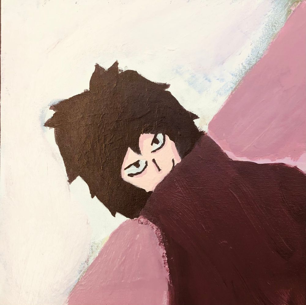 A painting I did when I lacked experience with the medium, trying to replicate me when I was in my "drawing humans with ridiculously huge but loose hair-styles" phase. Basically one half of the painting has actual color design, the second half doesn't, going for a more monochrome look.