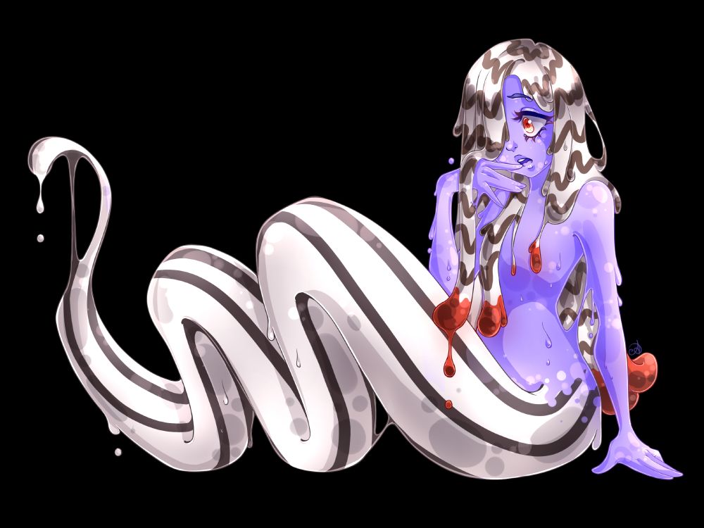 Same art but now her hair and body starting at her hips have an ice cream style: white with chocolate stripes, lengthwise on her body and drizzling down in waves in her hair. The ends of her hair are cherry-red.