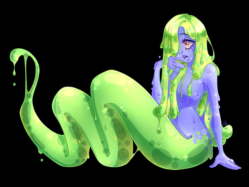 Same art but now her hair and body starting at her hips are a vibrant green-yellow, like lemon-lime.