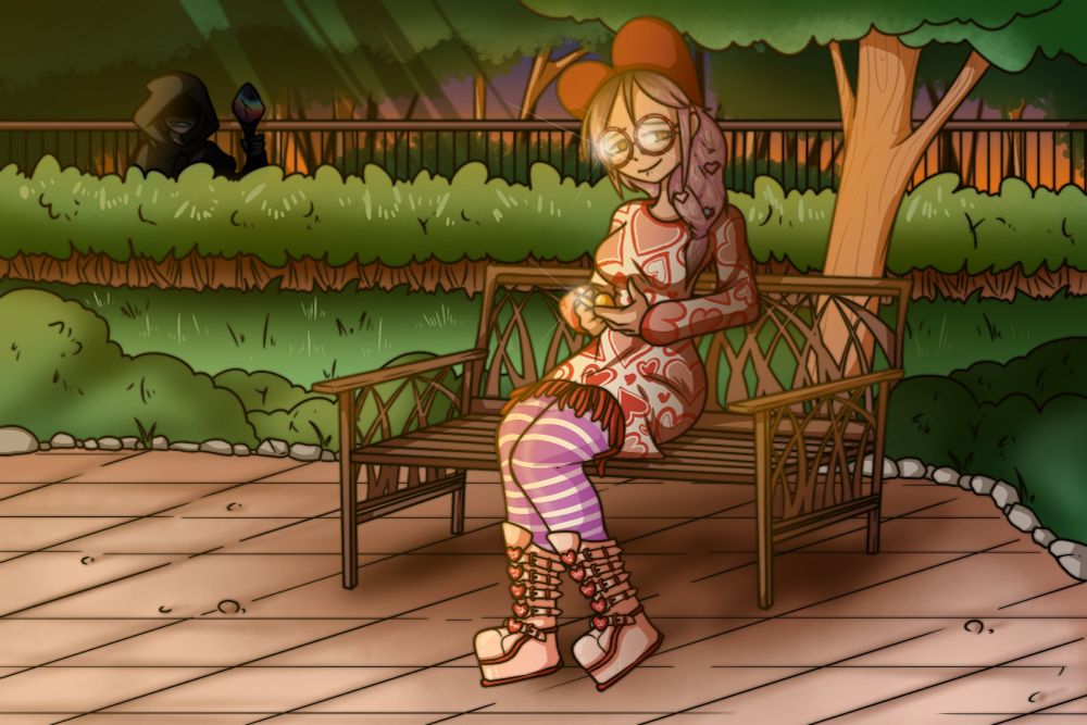 Clearing in a park with a bench, a tree behind it with shrubbery in the background and a fence past that. A figure, Jewelyn, sits on the bench, her face a sad smile. She has dirty blonde hair tied into a side ponytail with heart hair ties. She wears a red heart hat and round red glasses. Her tight dress is white with red and pink hearts scattered across it, long-sleeved and down to her thighs, fairly tight around her hips and thighs. She's holding a golden object in her hands (a heart pendant). She wears pink and white striped stockings and thick pink boots halfway up to her knee with five straps on each, a heart on each strap. In the darkness of the background is a figure in a dark clock and an evil smile, holding a staff with a crystal at the end.