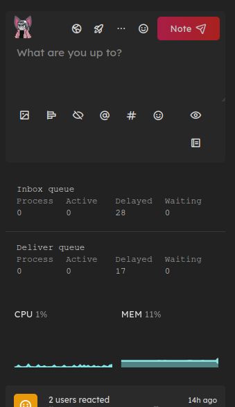 My custom sidebar in the Misskey web interface on isopod.zone, my self-hosted instance. It's got a posting form, job queue stats, server CPU and RAM usage, and my notifications