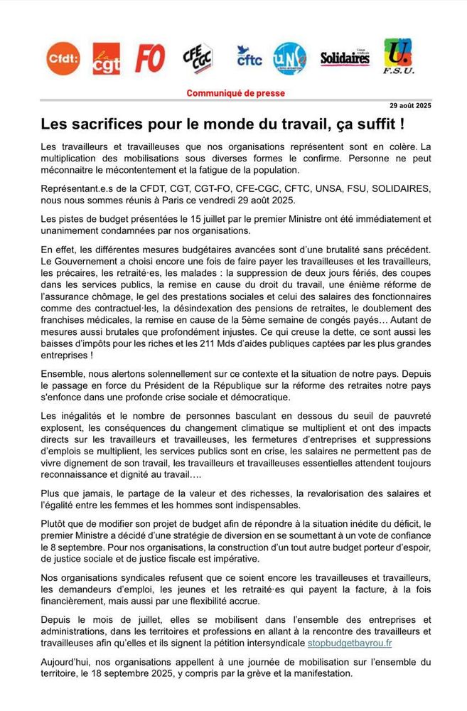 Communiqué de presse - Les sacrifices pour le monde du travail ça suffit ! (1/2)