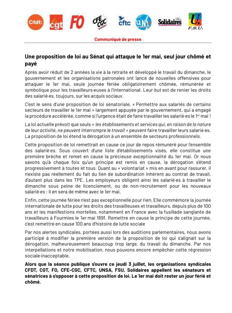 CP intersyndical - une proposition de loi au sénat qui attaque le 1er mai, seul jour chômé et payé