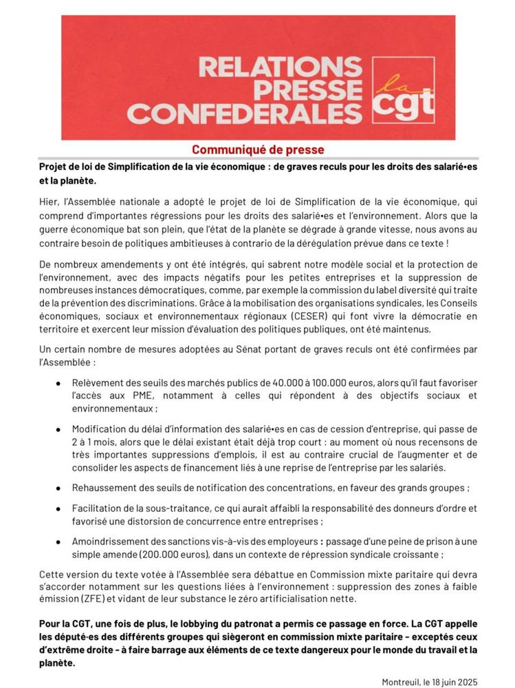 Communiqué de presse : Projet de loi de Simplification de la vie économique : de graves reculs pour les droits des salarié∙es et la planète.