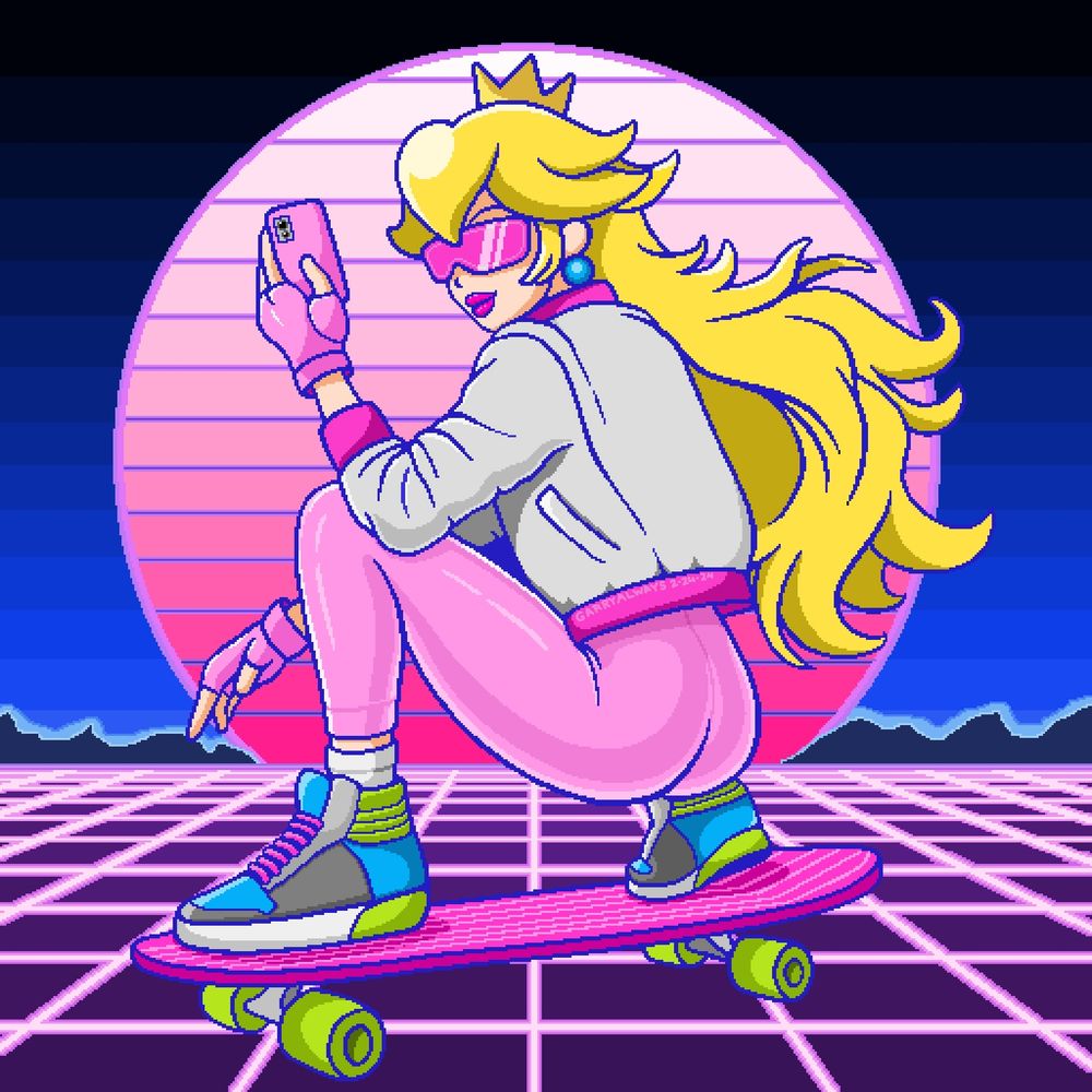 Princess Peach riding a bright pink skateboard with neon lime yellow wheels in a squat pose, holding a pink cell phone in her left hand. She's wearing an unadorned golden crown, bright pink one-piece sunglasses, a white bomber jacket with pink collar, cuffs and waistband, pink leggings and brightly multicolored oversized high-top  tennis shoes. Her long blonde hair is flowing behind her. She is riding on a generic 80s retro synthwave style background over a neon pink grid floor and a large striped pink glowing oversized moon on the horizon.