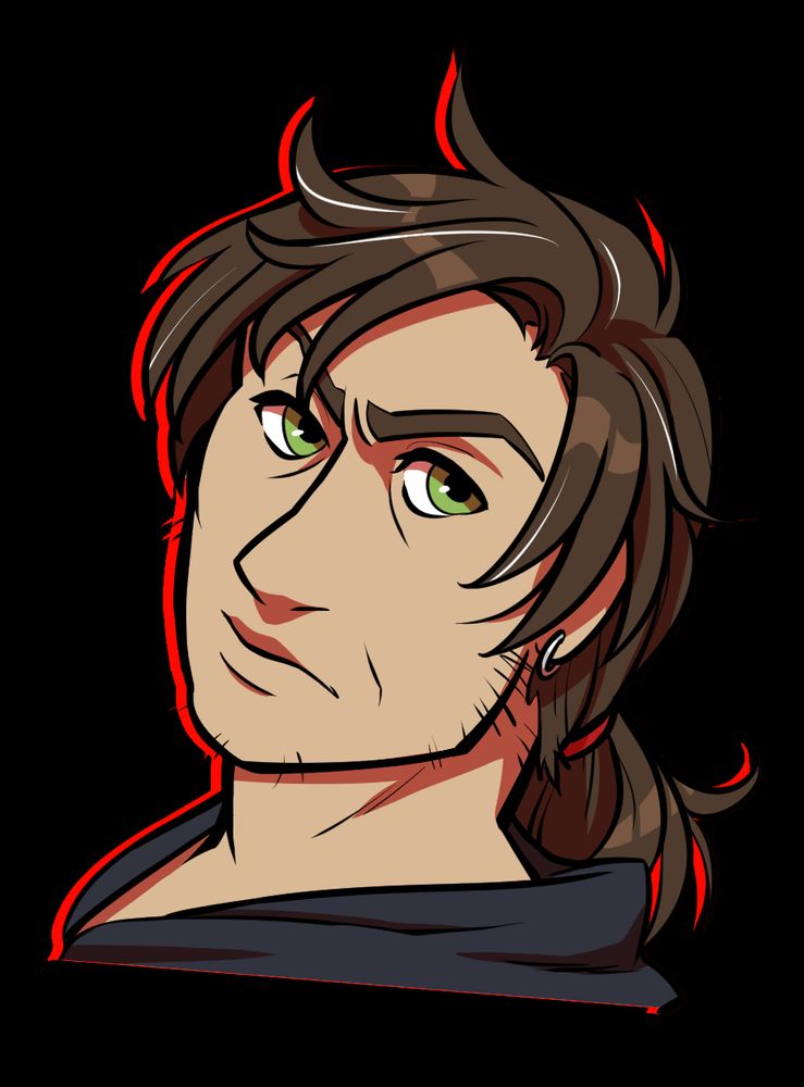 Portrait illustration of Sy Hawthorne, a tan, middle aged person with a square jaw, high cheekbones, and a dour expression. He has green eyes, dark brown hair with occasional white strands pulled back into a low ponytail, and silver earrings.