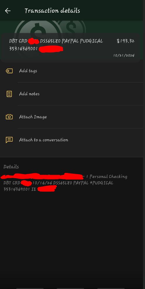 Screenshot of my bank history showing the $193.32 clearing my checking account.