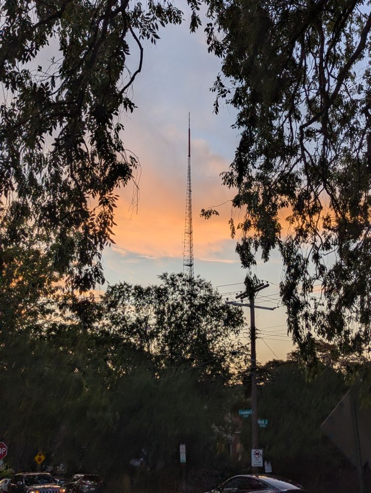 A radio tower in NW DC seen through trees. There is a faded orange cloud behind it. 