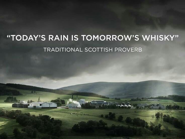Photograph of a gloomy and wet Scottish countryside with the caption:  Today’s Rain is Tomorrow’s Whisky” - Traditional Scottish Proverb