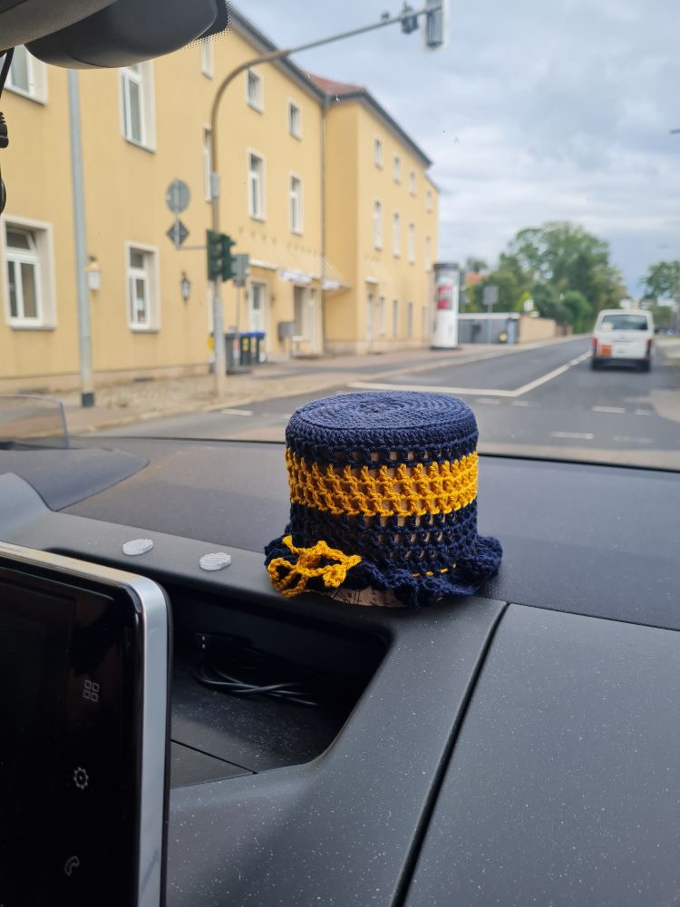 Autoaematurenbrett mit umhäkelter Klopapierrolle