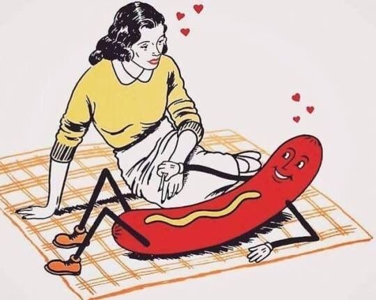 a 1950s style drawing of a woman sitting on a blanket, looking at a hot dog laying at her legs. Both have hearts around their heads 