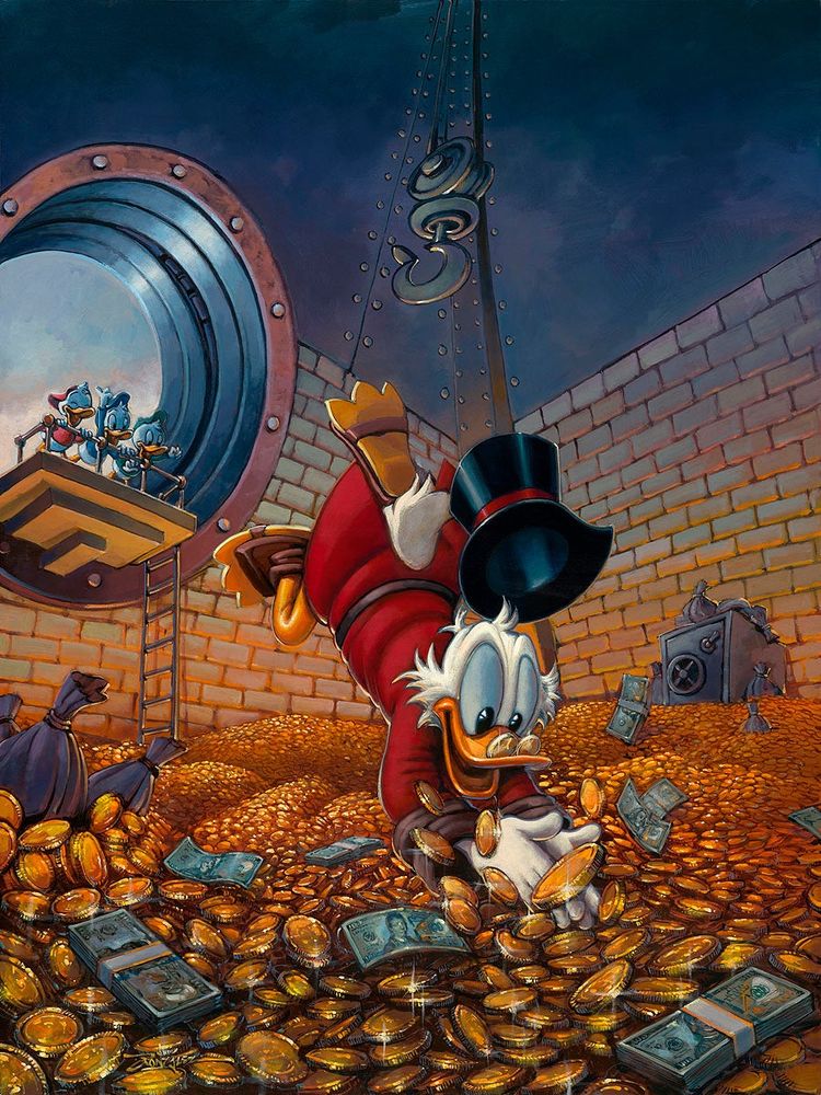 scrooge mcduck wearing a red robe and black top hat, which is flying off his head as he dives into an indoor swimming pool filled with cash, gold coins, and sacks of more money 