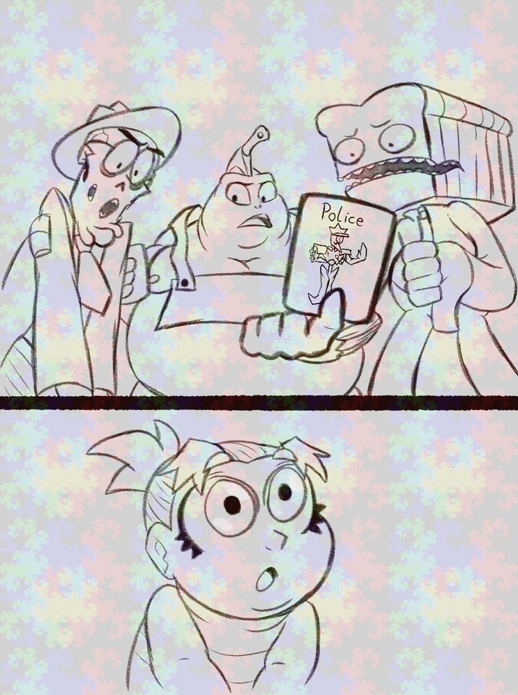 Mud, Ken and Breadhead are showing a baby Mel a card with Dilligence on it, that says "police".
They are shaking their heads and making disapproving faces, Breadhead further emphasizes this by giving a thumbs down. Mel is also shaking her head in imitation.