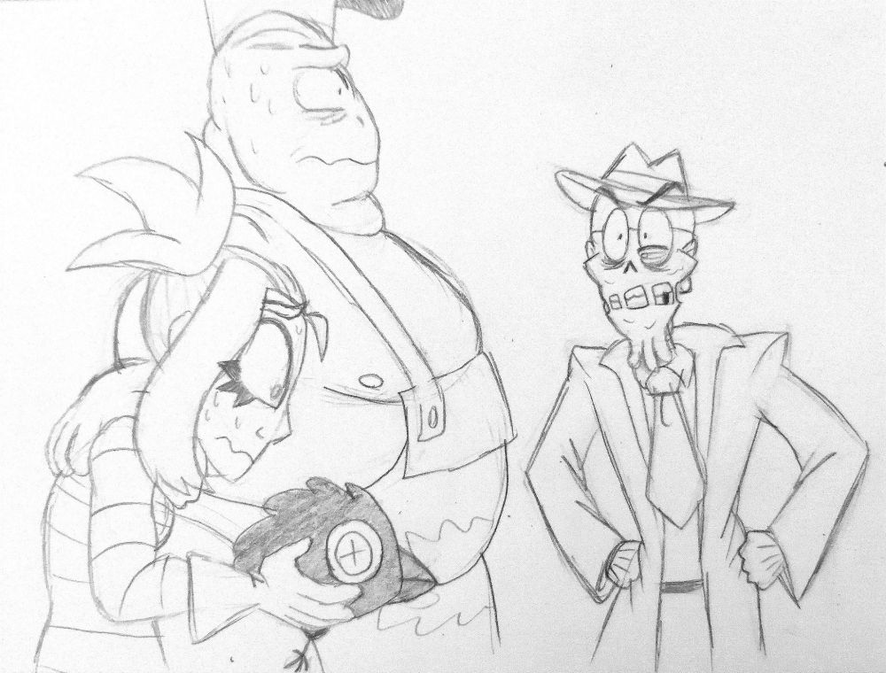 Mel and Ken are standing, seen from the side. Both of them are deeply nervous. Mel is staring downwards at the hatched angel she is holding, while Ken is staring ahead with his hand on Mel's shoulder
To their right, Mud is standing with his hands on his hips, seen from the front. He is staring at Ken and Mel, looking pissed off