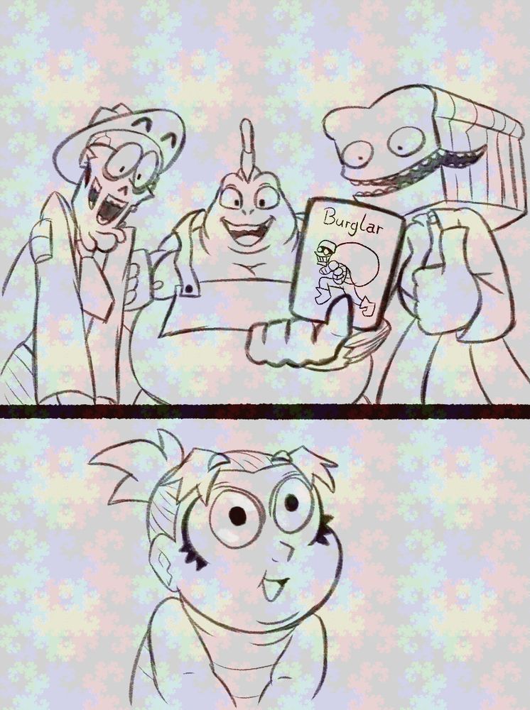 Mud, Ken and Breadhead are showing a baby Mel a card with a rotling stealing a big bag on it, that says "Burglar".
They are nodding their heads and making approving faces, Breadhead further emphasizes this by giving a thumbs up. Mel is also nodding in imitation.